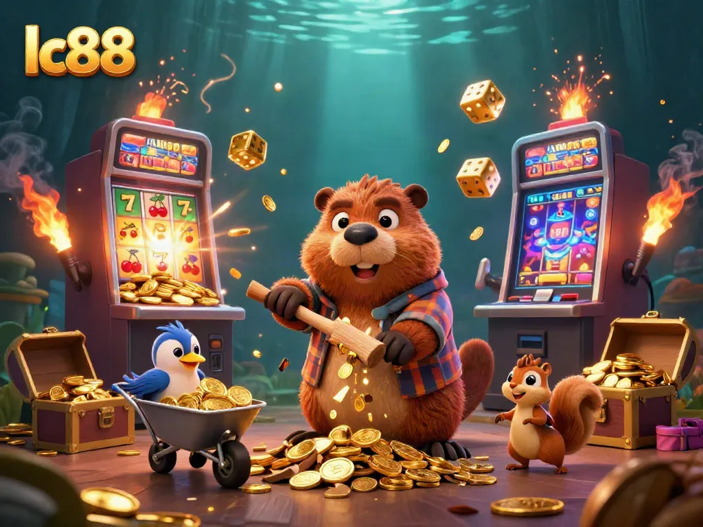 Experience the thrill of lc88 with cartoon characters celebrating a jackpot amidst gold and casino games.