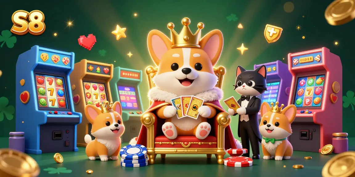 S8 Casino Characters Throne with Slot Reels and Corgis in a Vibrant Scene