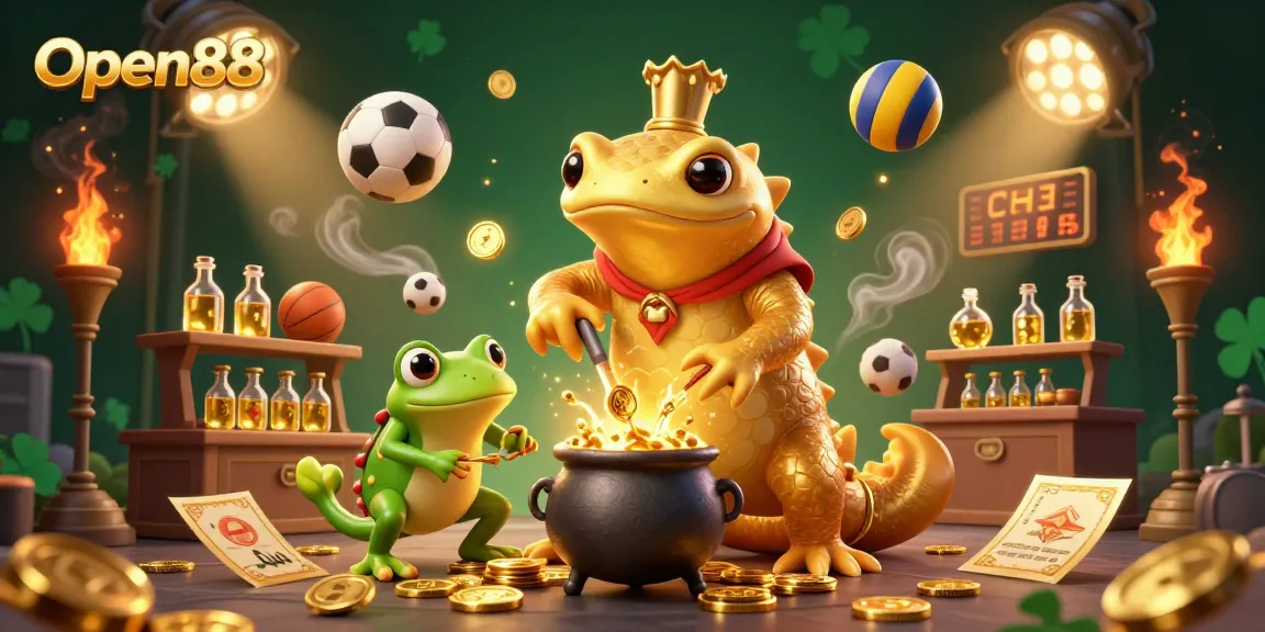 Open88 players enjoy a thrilling adventure with vibrant gold coins, sports elements, and enchanting alchemy.