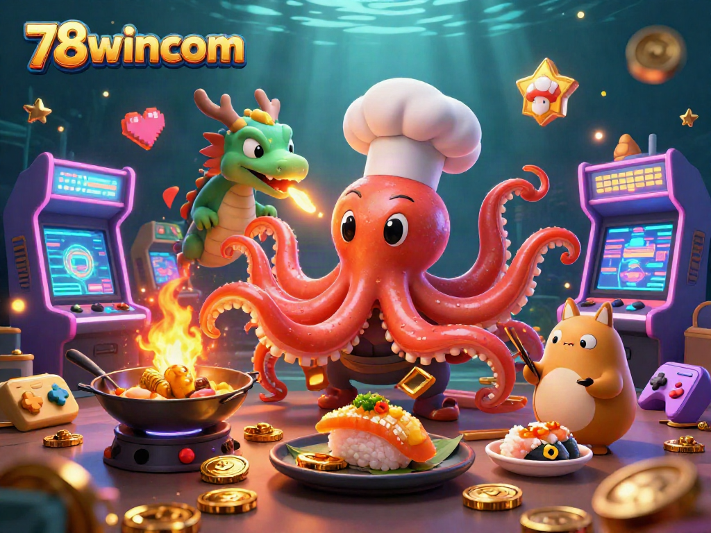 Engage with 78wincom's colorful gaming scene featuring a cartoon octopus cooking and a dragon!