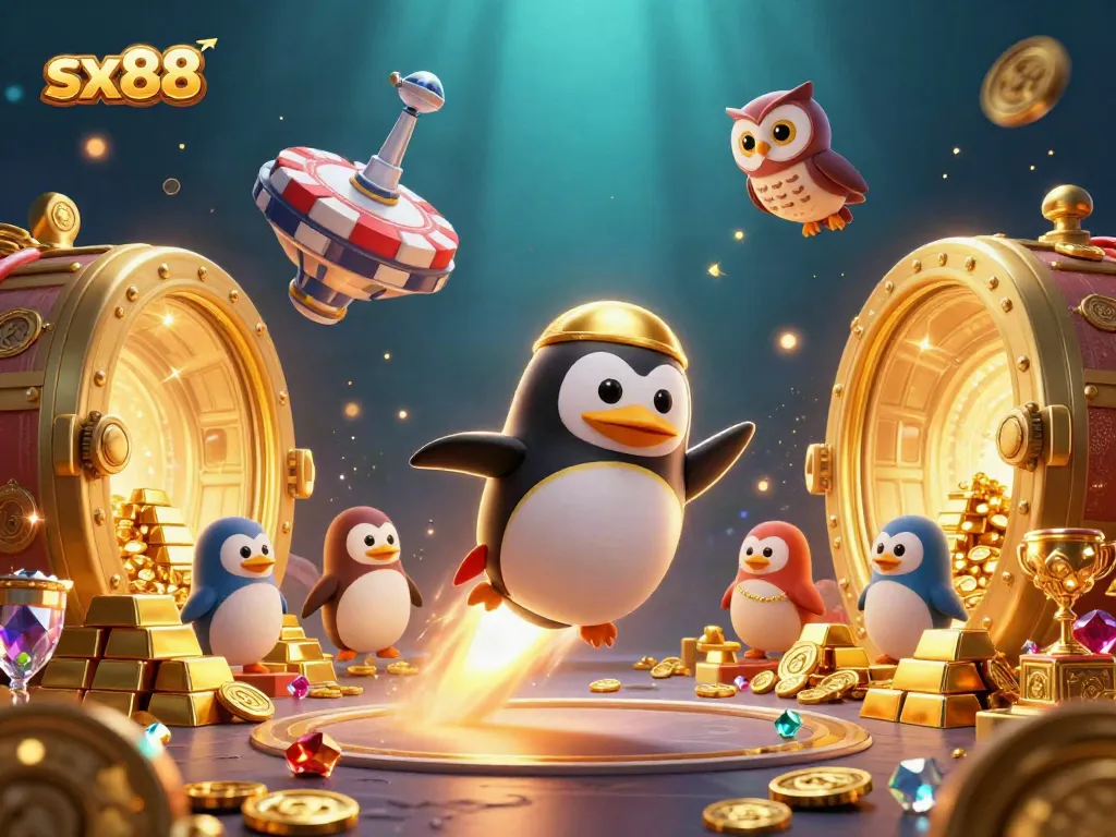 SX88 casino experience showcased with a golden penguin and treasures in a vibrant 3D illustration