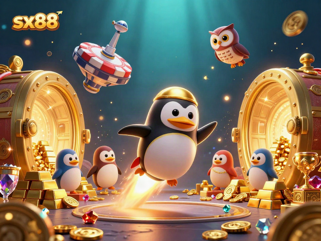 SX88 casino experience showcased with a golden penguin and treasures in a vibrant 3D illustration