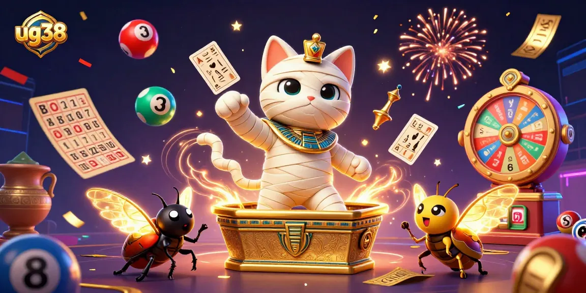 Experience the excitement of ug38 as a mummy cat bursts from a casino sarcophagus amidst vibrant game elements.