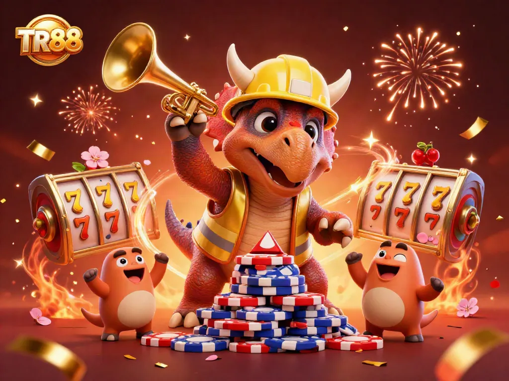 Experience exciting wins with TR88, featuring triceratops creating poker chip towers and festive elements.