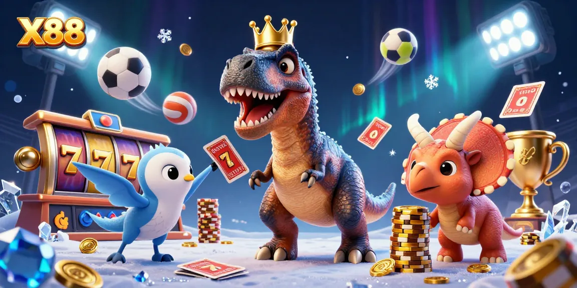 X88 engages users with a vibrant 3D casino scene featuring characters playing with cards and chips.