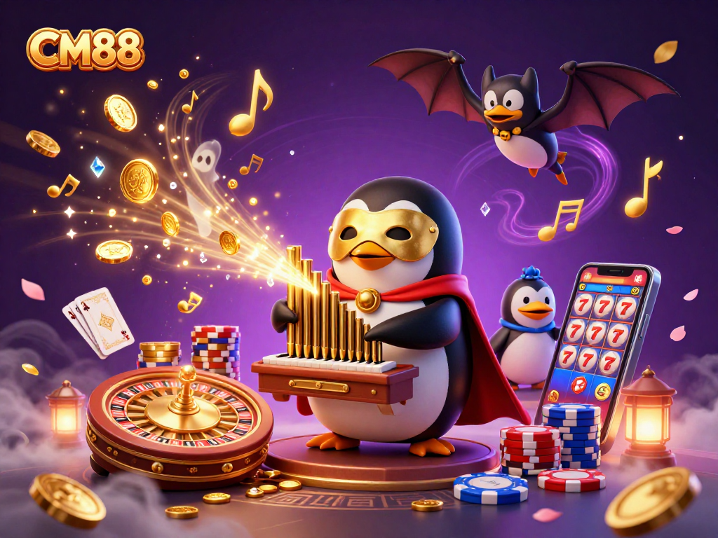 Experience the fun at CM88 casino with a whimsical penguin playing an organ shooting golden coins.