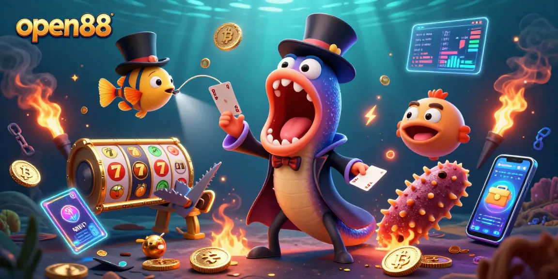 Experience the magic of open88 with a whimsical underwater casino scene full of exciting card tricks.