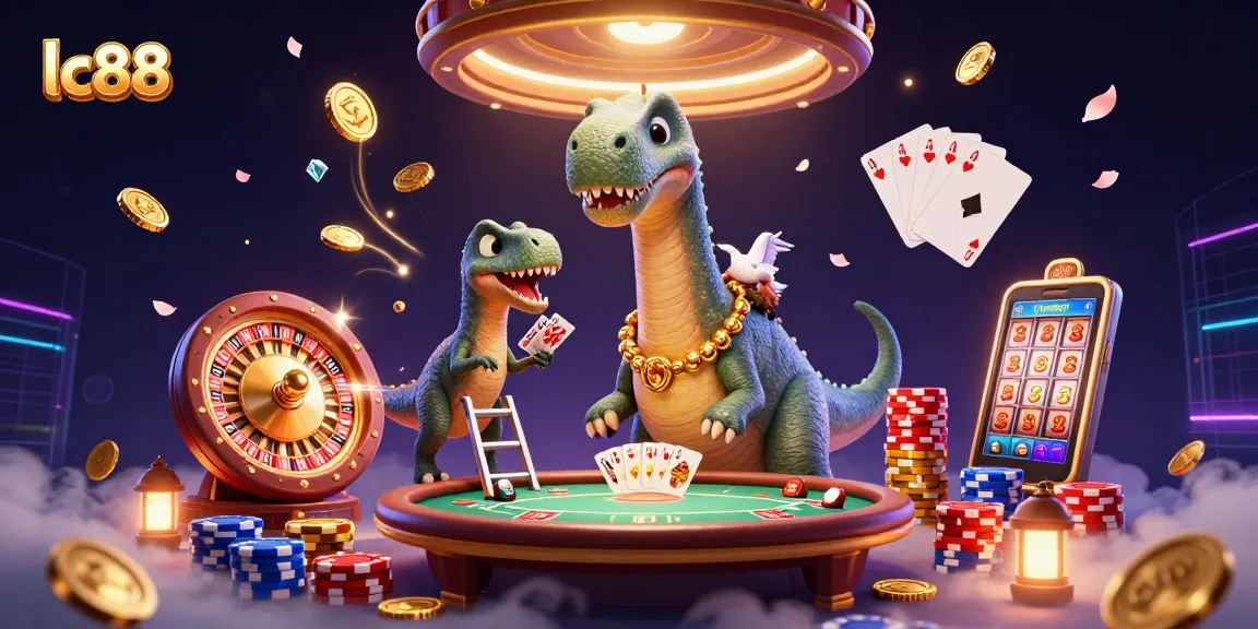 Engage in thrilling games at lc88 with a whimsical brontosaurus and clever raptor amidst a dynamic casino scene.