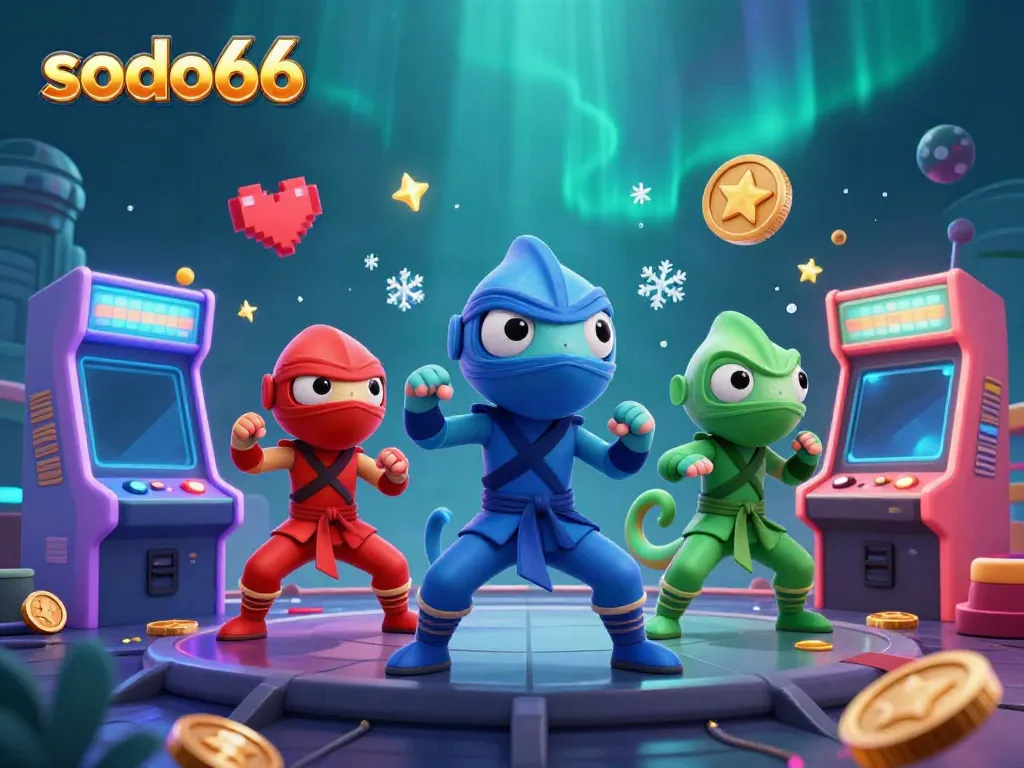 Sodo66 chameleons engage in martial arts amidst casino-style game elements and vibrant visuals.