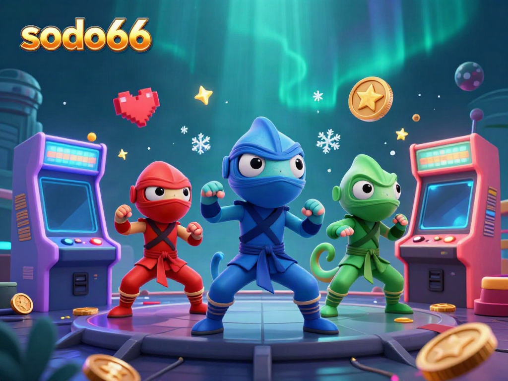 Sodo66 chameleons engage in martial arts amidst casino-style game elements and vibrant visuals.