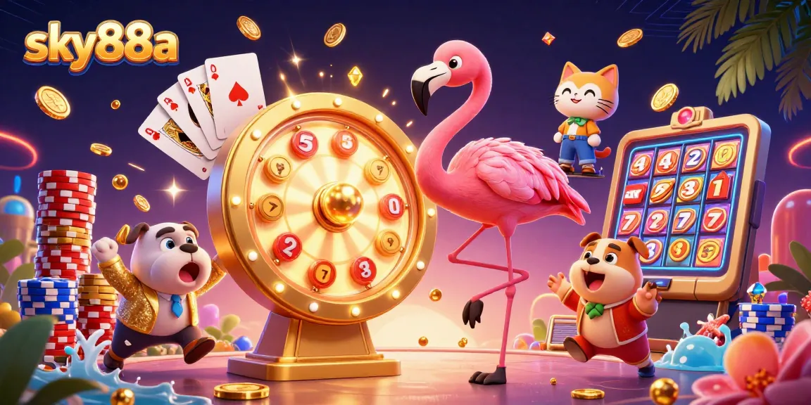 Spin the prize wheel with sky88a in this vibrant casino-themed illustration showcasing excitement and rewards.