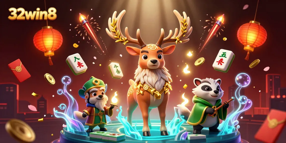 Experience vibrant gaming atmosphere at 32win8 with floating mahjong tiles and enchanting druid characters.