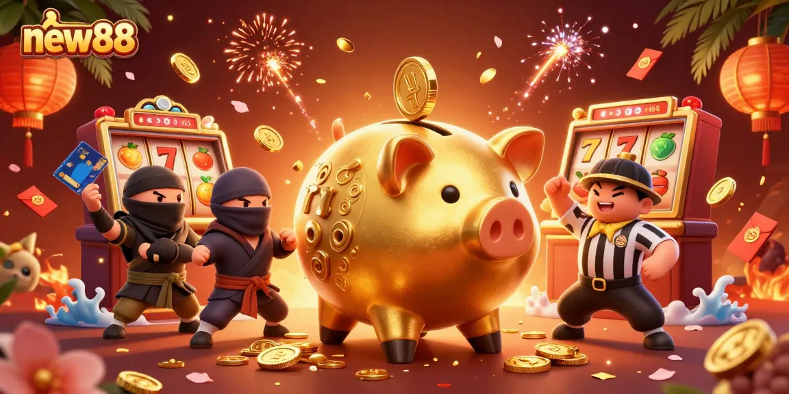 Engage with exciting new88 slot games featuring golden piggy banks, festive symbols, and thrilling energy.