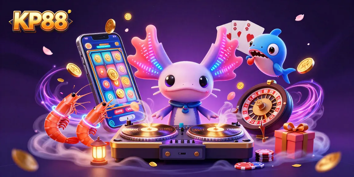 Experience the vibrant KP88 gaming world with a neon axolotl DJ and dynamic casino elements.