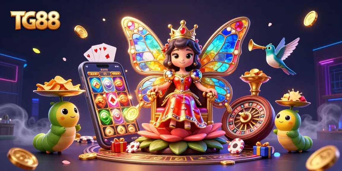 Experience the magic of TG88 with a 3D casino scene bursting with slots, chips, and vibrant characters.