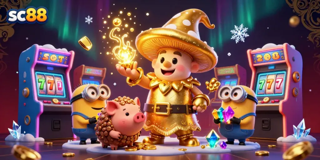 Experience the thrill of sc88 gaming with golden wizard and treasures in a vibrant casino setting.