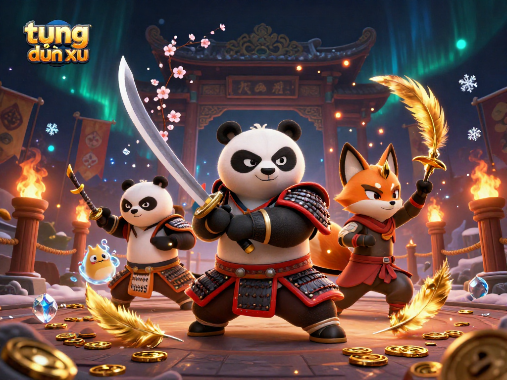 Experience the thrill of tung đồng xu with a colorful 3D casino scene featuring engaging characters.