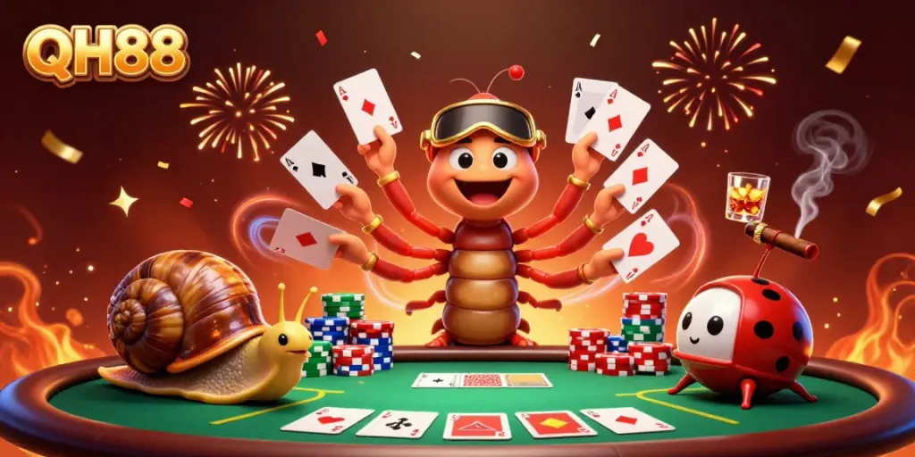 Experience thrilling action at QH88 with a vibrant illustration of a cartoon dealer and high-roller at the poker table.
