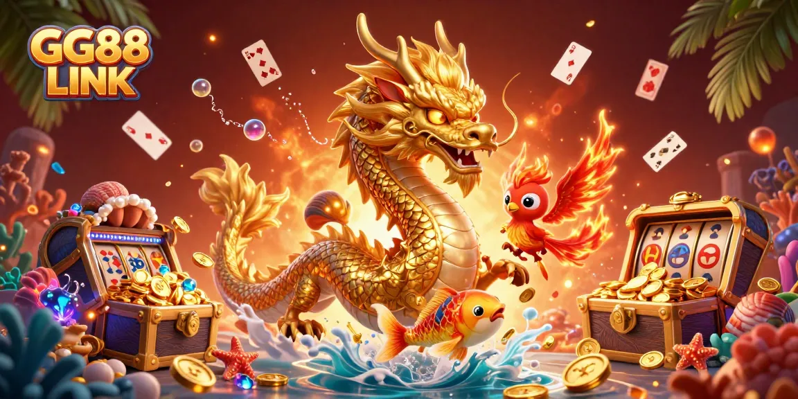 Engage with the enchanting GG88 LINK experience featuring a dragon, phoenix, and coins in stunning detail.