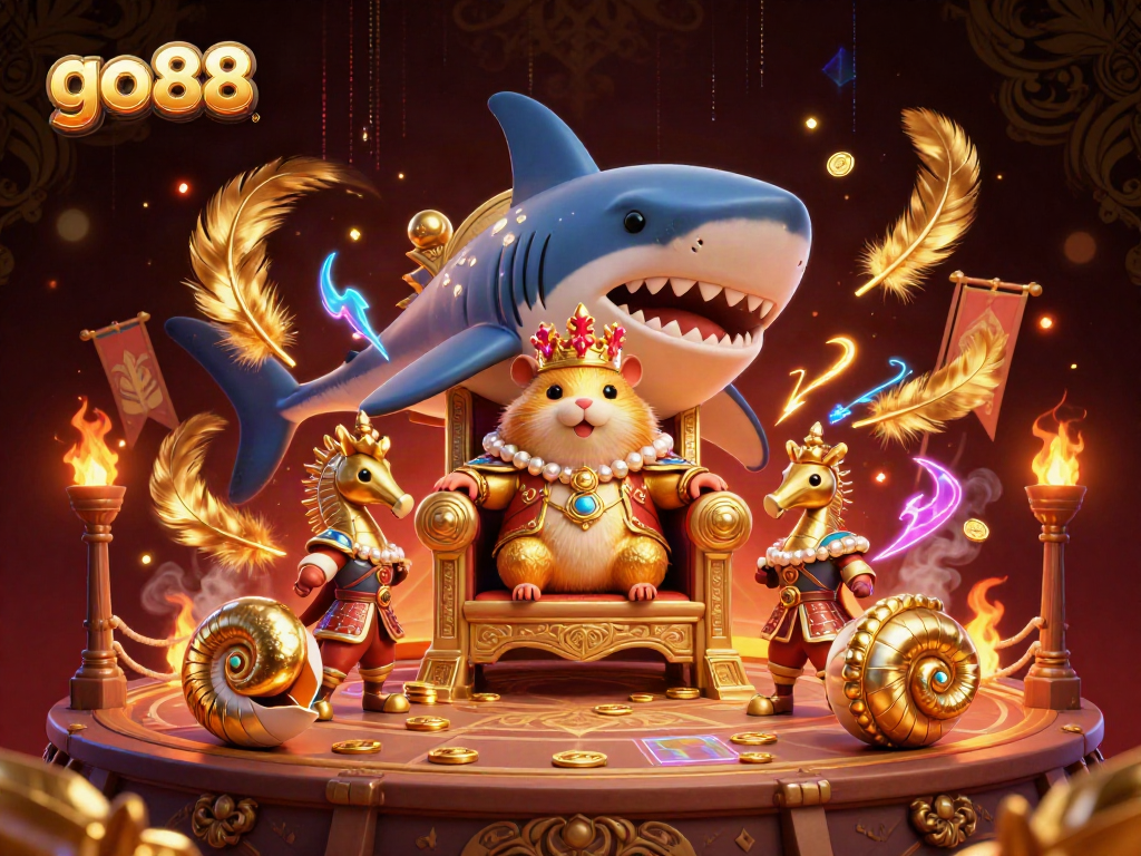 Experience exciting games at go88 with a vibrant 3D illustration of a hamster king and his seahorse guards.