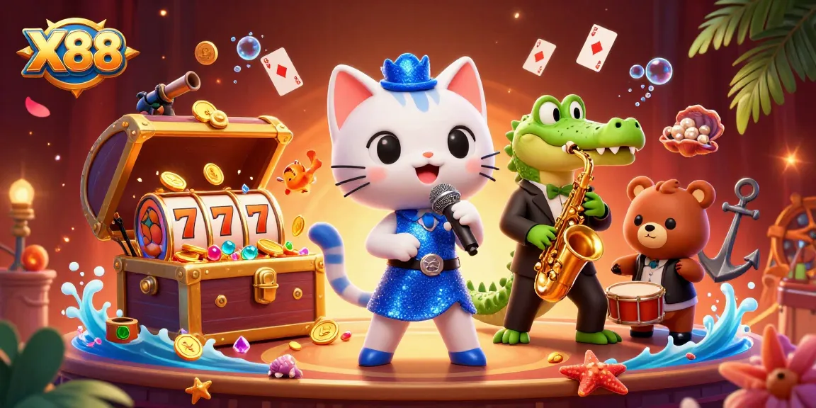 X88 offers a vibrant casino experience, showcasing animated characters amidst floating playing cards and gold coins.