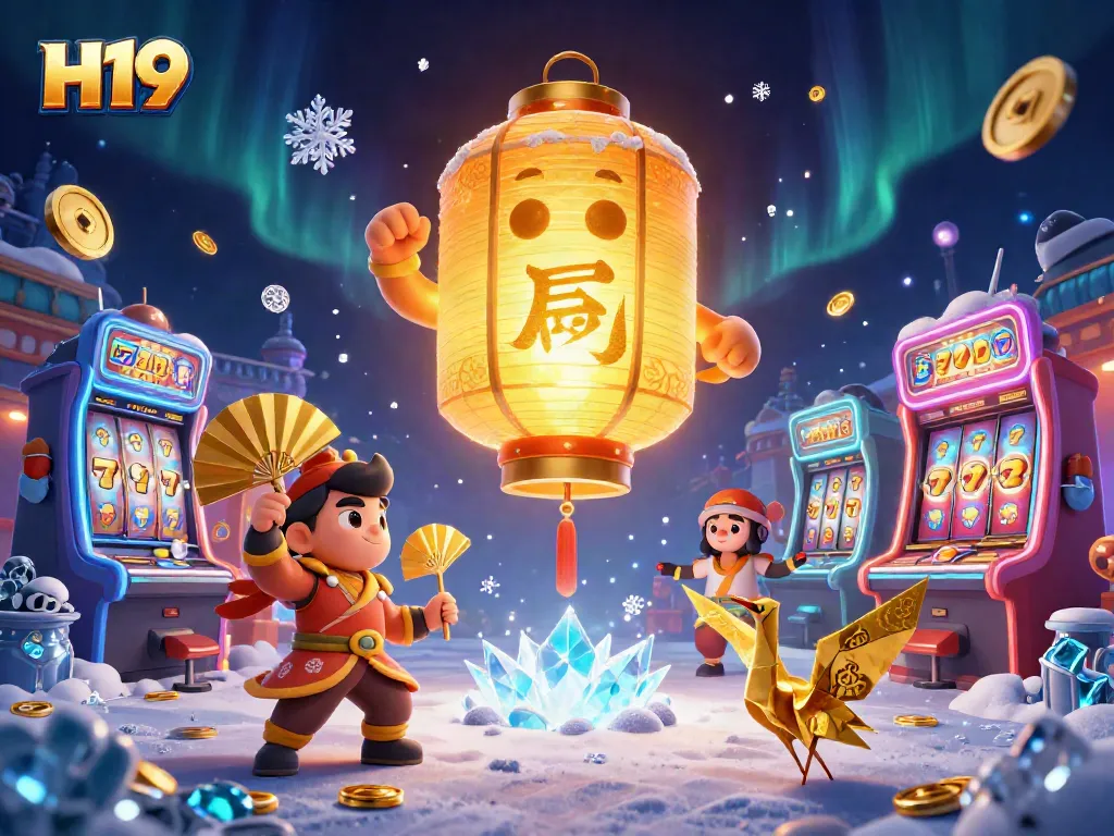 Engage with H19 at a vibrant night market casino, featuring dynamic golden lantern spirits and colorful slot machines.