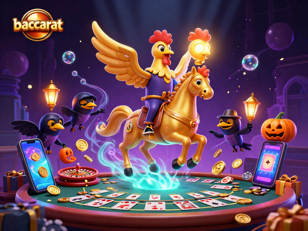 Baccarat excitement with a golden rooster and casino elements creating a vibrant gaming scene.
