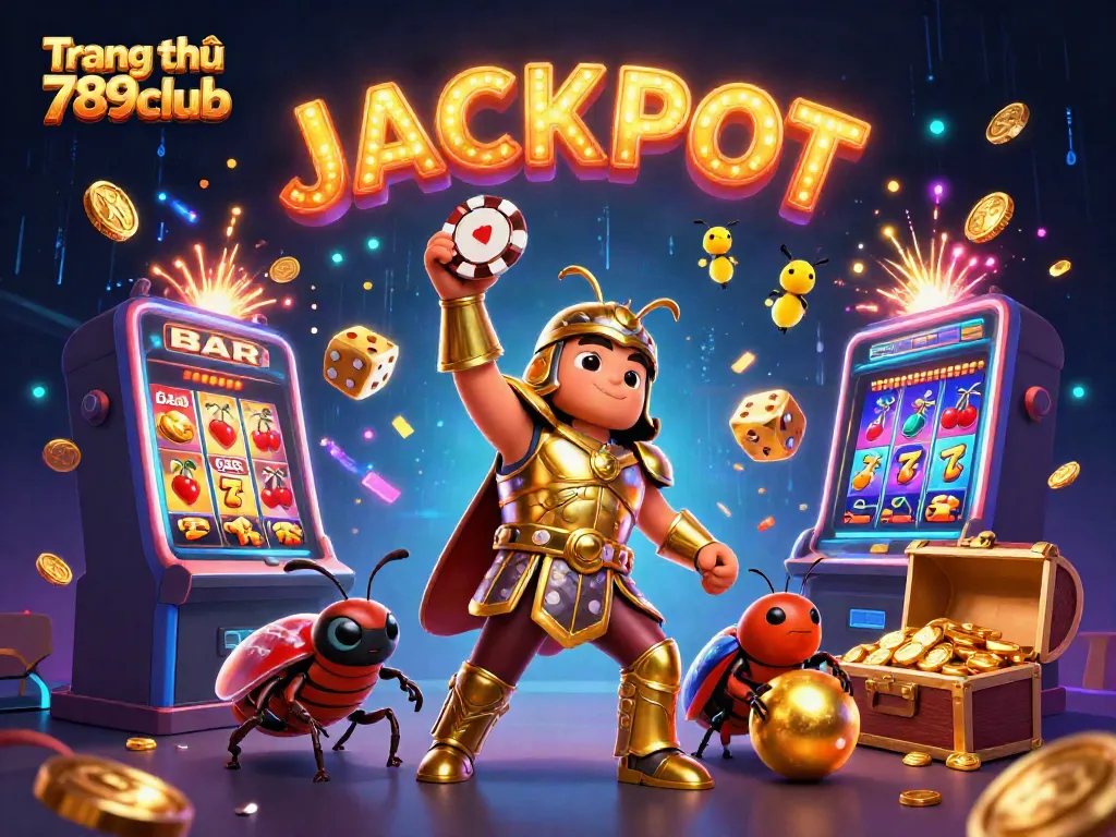 Engage with the excitement of Trang chủ 789club as the victorious hercules beetle celebrates jackpot wins in a dynamic casino scene.