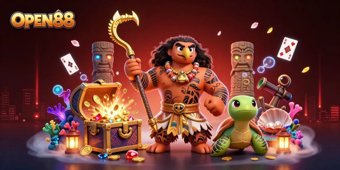 Experience the excitement of OPEN88 with a dynamic 3D casino scene featuring adventure themes and vibrant characters.