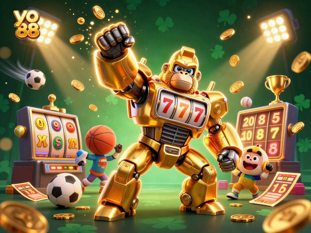 Bettors enjoy engaging with yo 88 as a golden gorilla mech displays a dynamic slot game with sports elements.