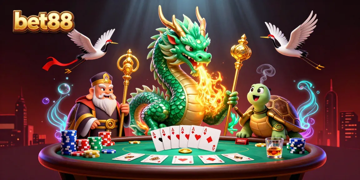 Engage with bet88's vibrant casino world featuring a dragon and turtles in a dynamic gaming scene.
