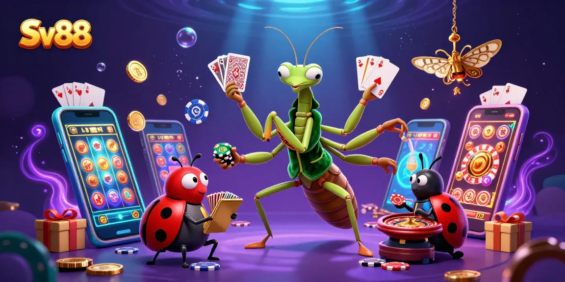Engage in thrilling gameplay at Sv88 with vibrant animated casino elements featuring a giant praying mantis card sharp.