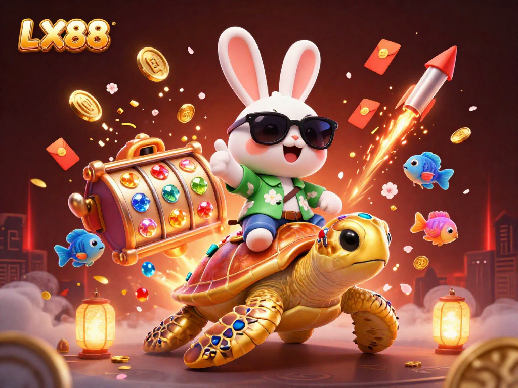 Engage with LX88's vibrant casino world featuring a lucky rabbit and golden turtle amidst dynamic game elements.