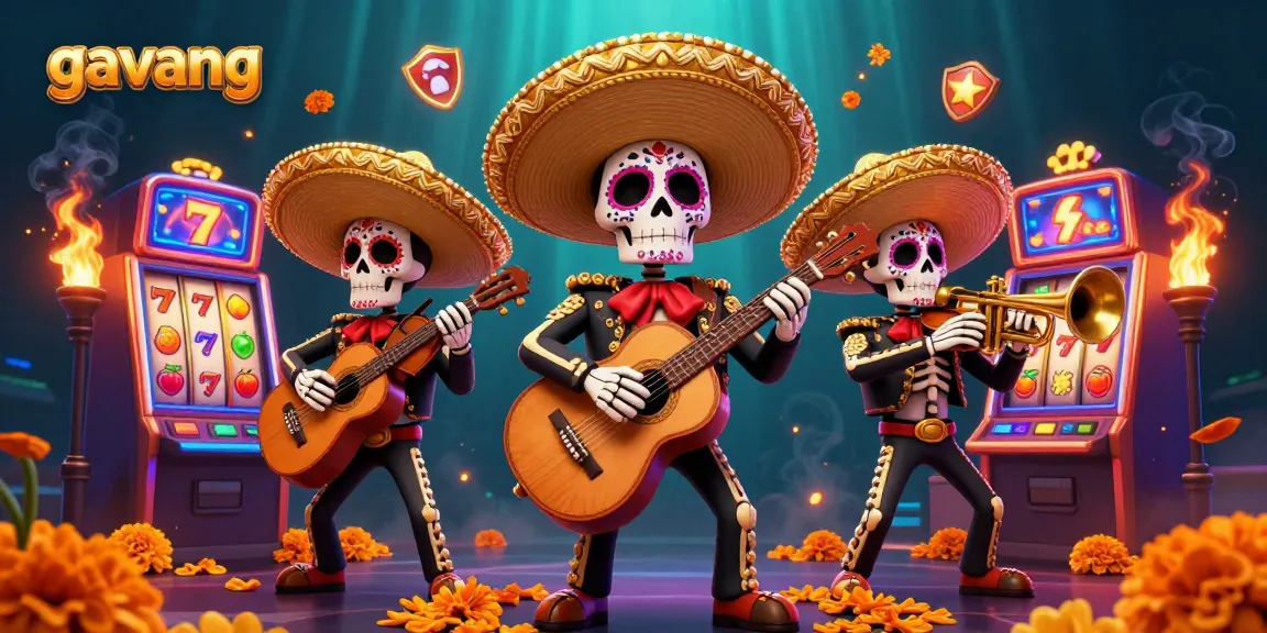 Experience dynamic slots action in a vibrant illustration featuring gavang skeletal mariachi band.
