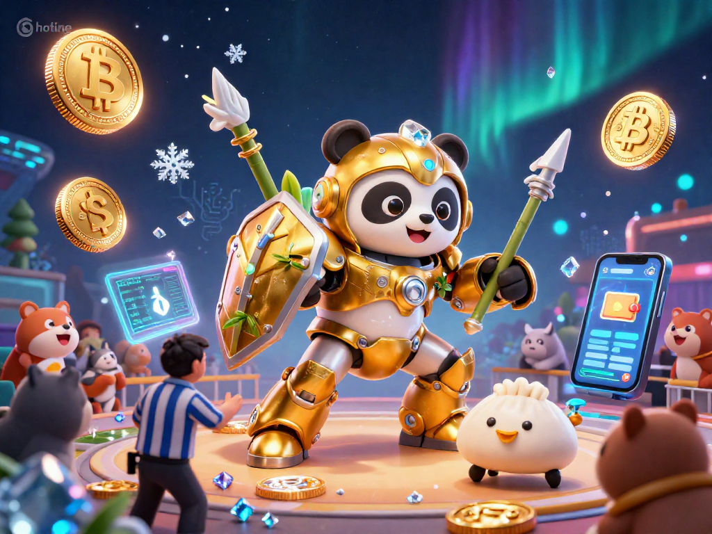 Engage in thrilling hotline action with a mech-suit panda in a vibrant casino arena.