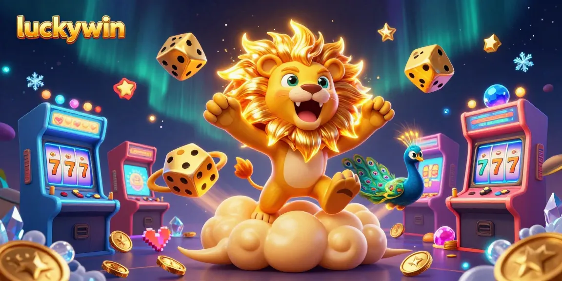 Experience luck with luckywin as the roaring sun lion stands amidst dynamic slot game action.