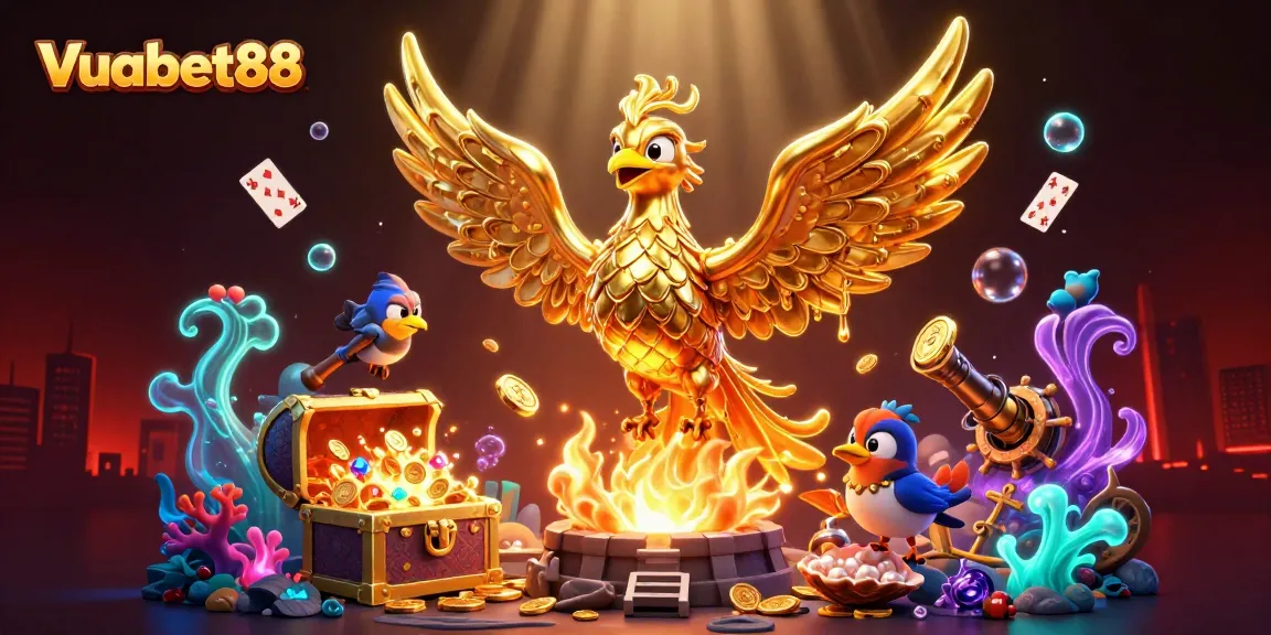 Experience thrilling wins at Vuabet88 with a vibrant 3D casino-themed illustration of a phoenix and treasures.