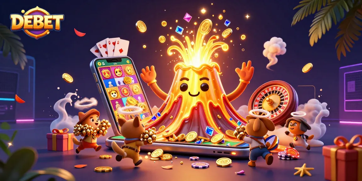 Engage in exciting gameplay with DEBET as golden treasures erupt from an animated volcano.