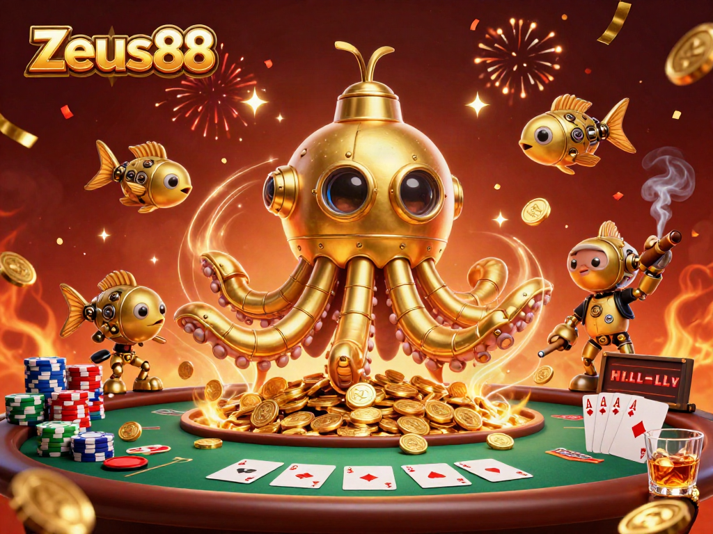 Experience thrilling gameplay with Zeus88 amidst golden coins and vibrant poker action