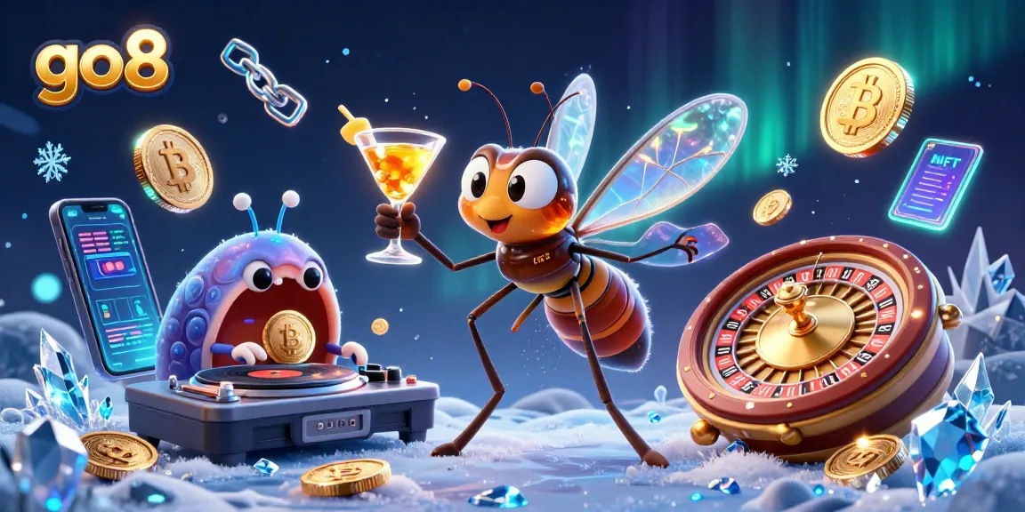 Experience thrilling gameplay at go8 with vibrant 3D casino characters amidst sparkling crypto elements.