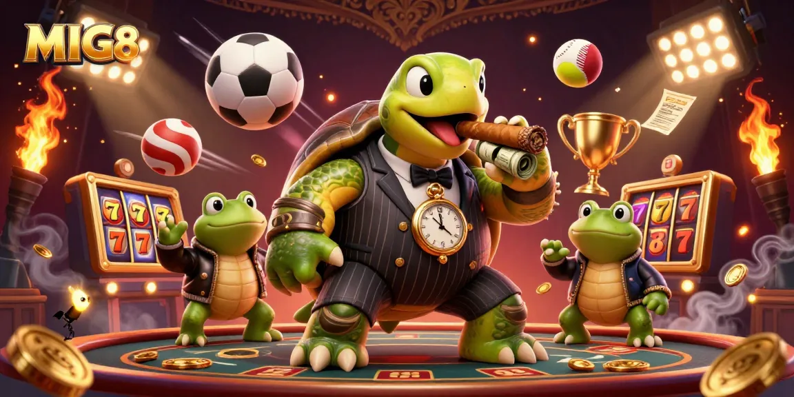 MIG8 captures excitement with a mobster snapping turtle and bullfrog enforcers on a vibrant casino floor.