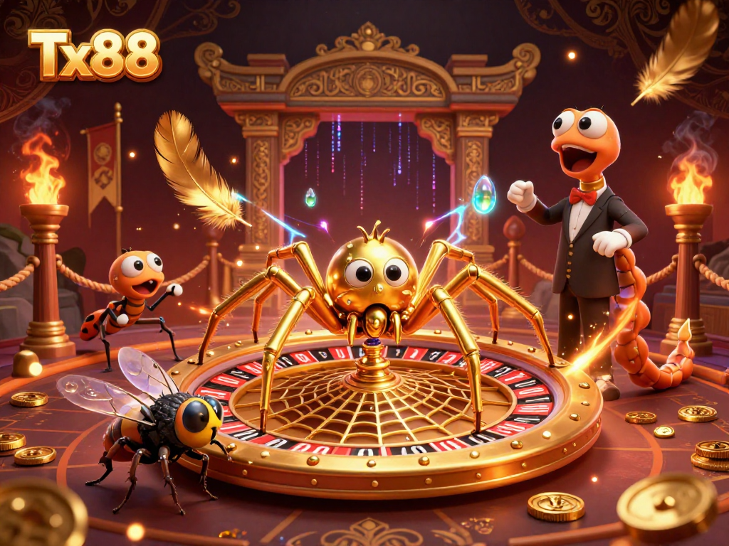 Engage in thrilling bets at Tx88 casino, where a golden spider spins a roulette wheel of fortune.