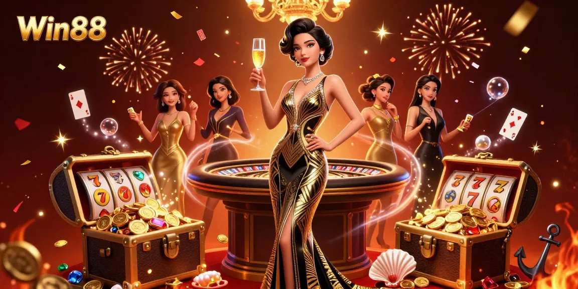 Experience the excitement of Win88 casino with a glamorous Asian woman and dynamic slot elements.
