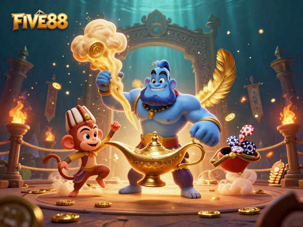Experience a magical gaming adventure at FIVE88 with a genie, treasure, and vibrant casino elements.