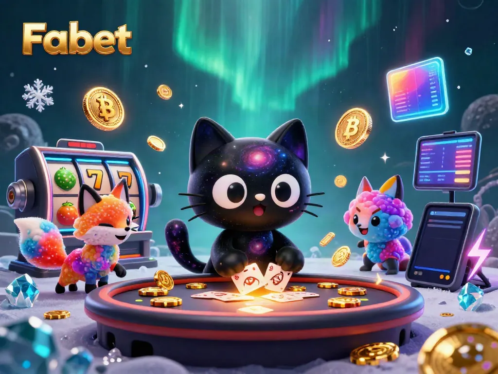 Fabet engages players with an enchanting 3D cosmic casino featuring a black hole cat and colorful elements.