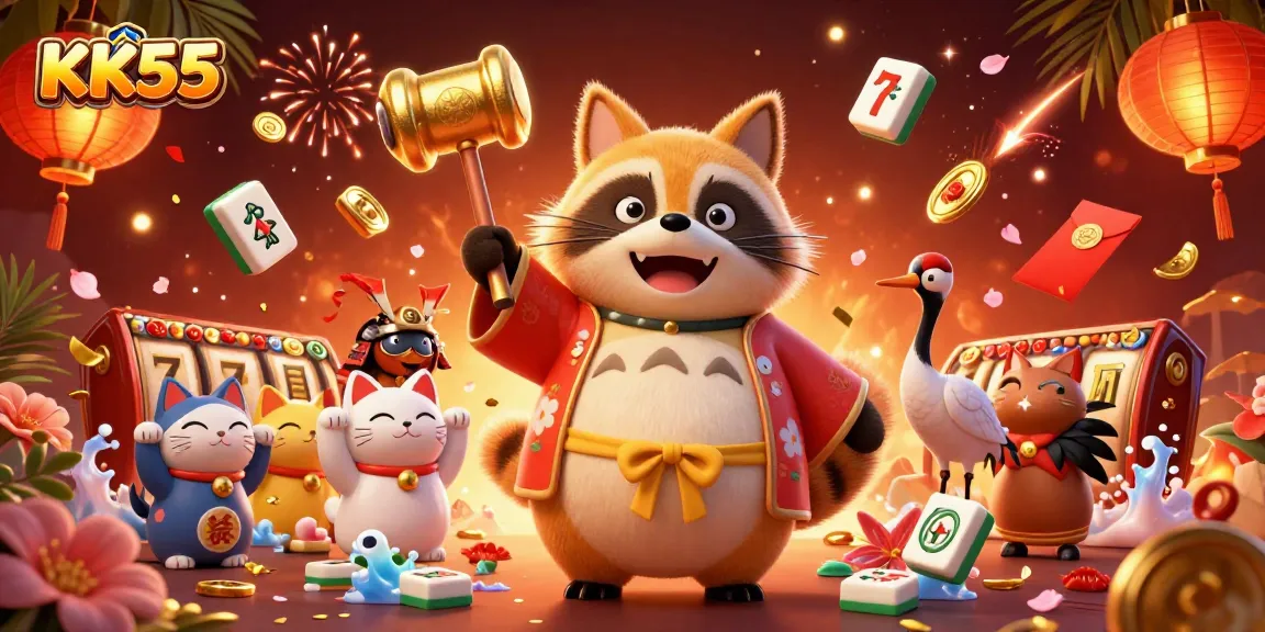 Engage with KK55's vibrant 3D casino scene featuring a cheerful tanuki and lucky symbols.