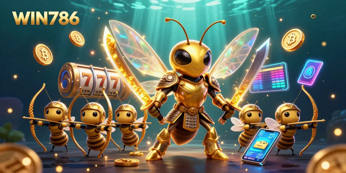 WIN786 showcases a vibrant casino scene with a hornet warrior and bee archers among vivid slot game elements.
