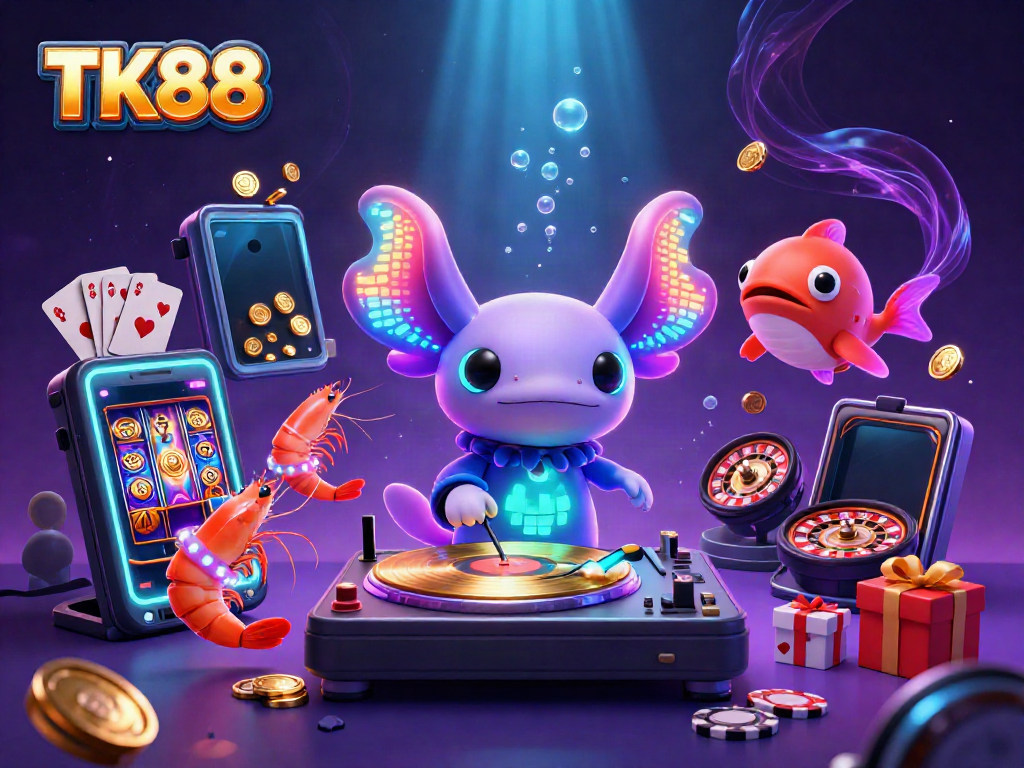Experience the vibrant gaming atmosphere at TK88 through a dynamic underwater party scene featuring an axolotl DJ and lively shrimp dancers.