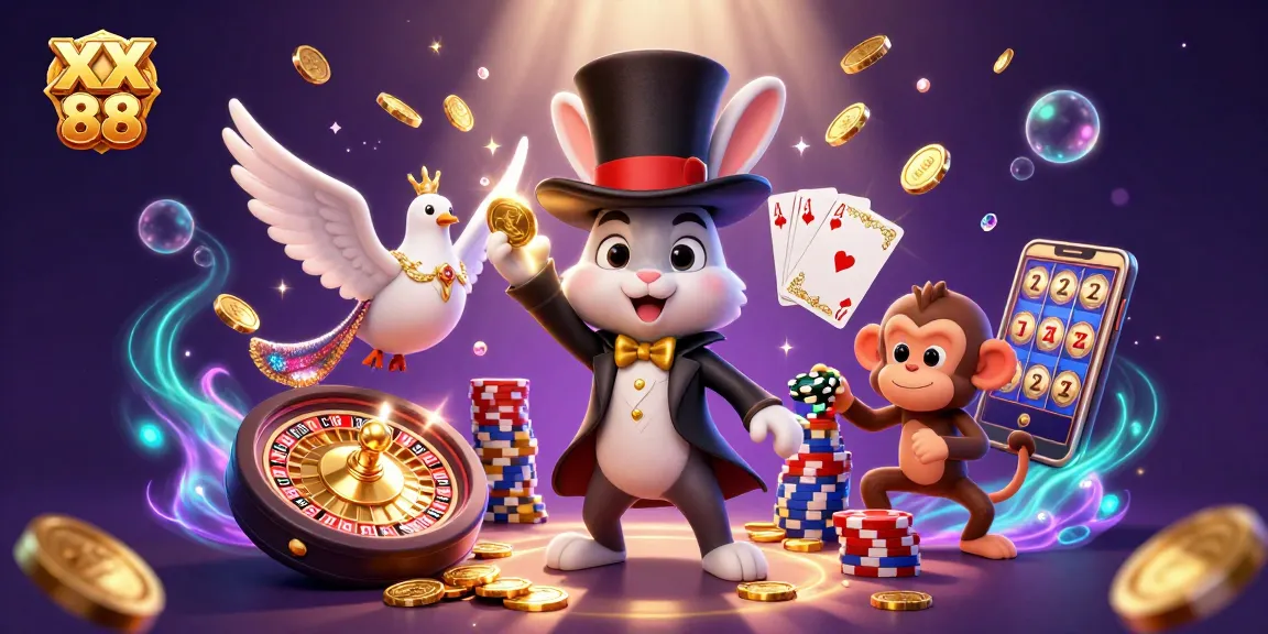 Win big with XX 88 in this vibrant casino scene featuring magical elements and playful characters.