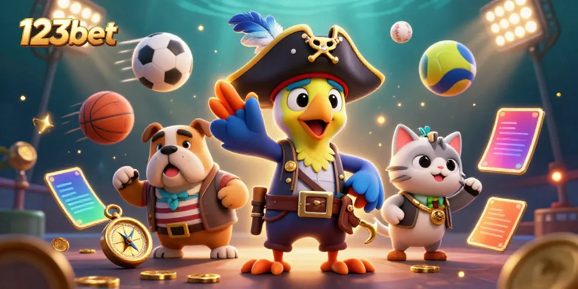 Join the excitement of 123bet with a vibrant 3D illustration showcasing a pirate captain and sports elements.